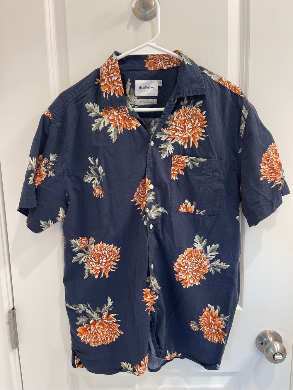 Goodfellow & Co Navy Short-Sleeve Floral Button-Up with Orange Blooms